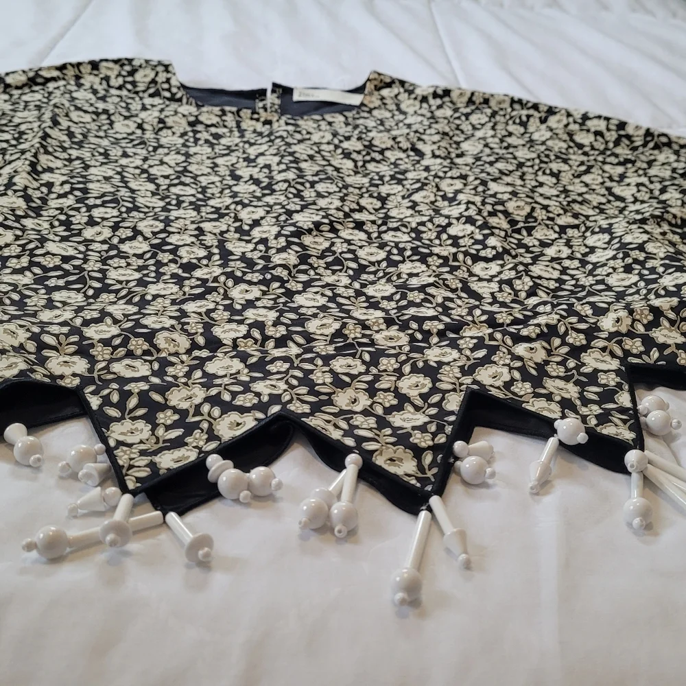 Tory Burch Black and Cream Floral Beaded Hem Blouse - Picture 3 of 6